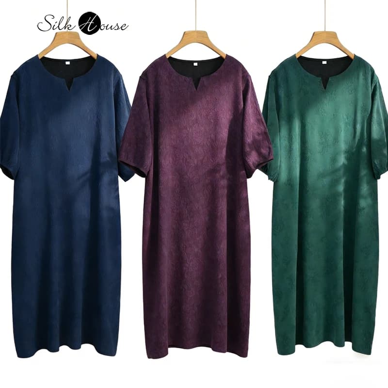 Abito da donna taglie forti 2026, nuova collezione Primavera/Estate, elegante, in 100% seta naturale di gelso, crepe GuanLe, a mezza manica