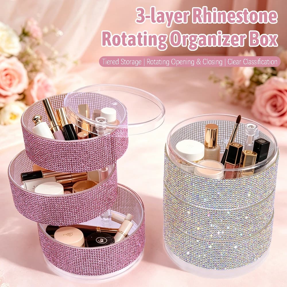 Organizzatore Trucchi Girevole a 3 Strati con Strass, Scatola Contenitore Cosmetici Rotonda Trasparente, Porta Gioielli e Rossetti da Scrivania Bling