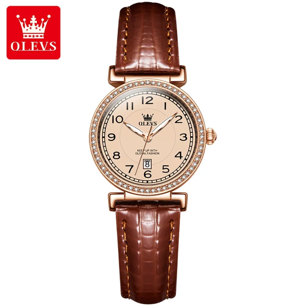 OLEVS Brand New Fashion Diamond Quartz Watch for Women Luxury Leather Strap Waterproof Luminous Hands Calendar Womens Watches
