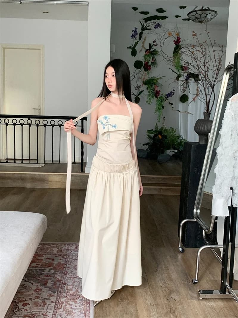 Nuovo Abito Lungo a Trapezio Ricamato in Stile Cinese, Vestito Finto Due Pezzi con Fascia, Abito Estivo Vintage a Vita Media in Maglia