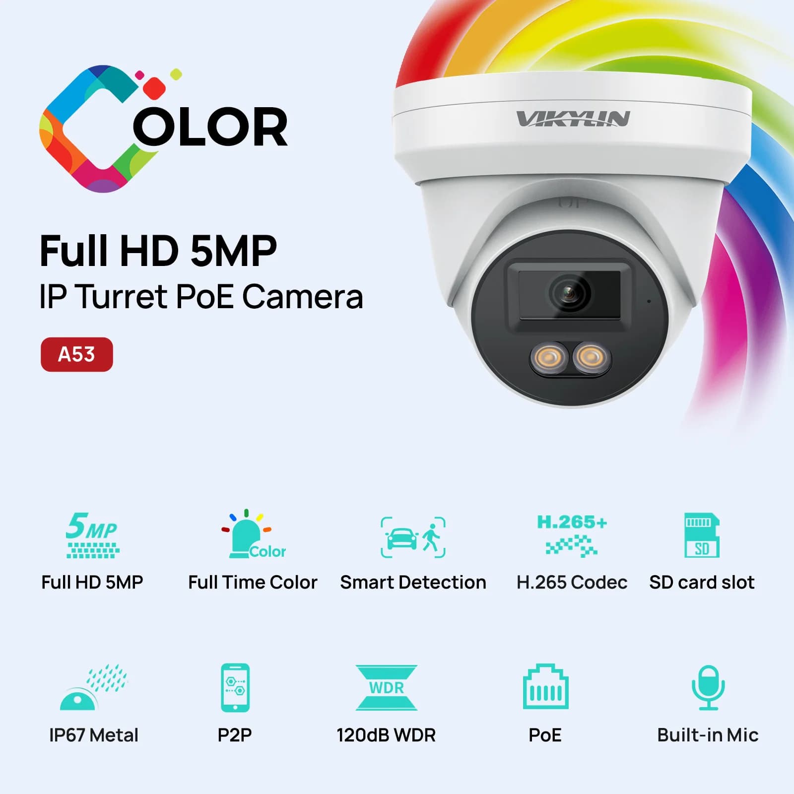 Telecamera di Sicurezza IP VIKYLIN 5MP con Audio a Colori, Rilevamento Umano e Veicolare, Compatibile ONVIF, Archiviazione SD, IP67 per Esterni