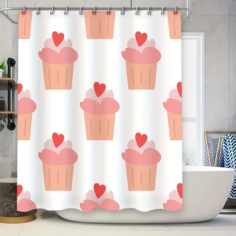 Tenda da doccia con stampa cupcakes carini per l'arredamento del bagno Tessuto con motivo a cuore rosa rosso Copri tappetino da bagno impermeabile con ganci Bianco (