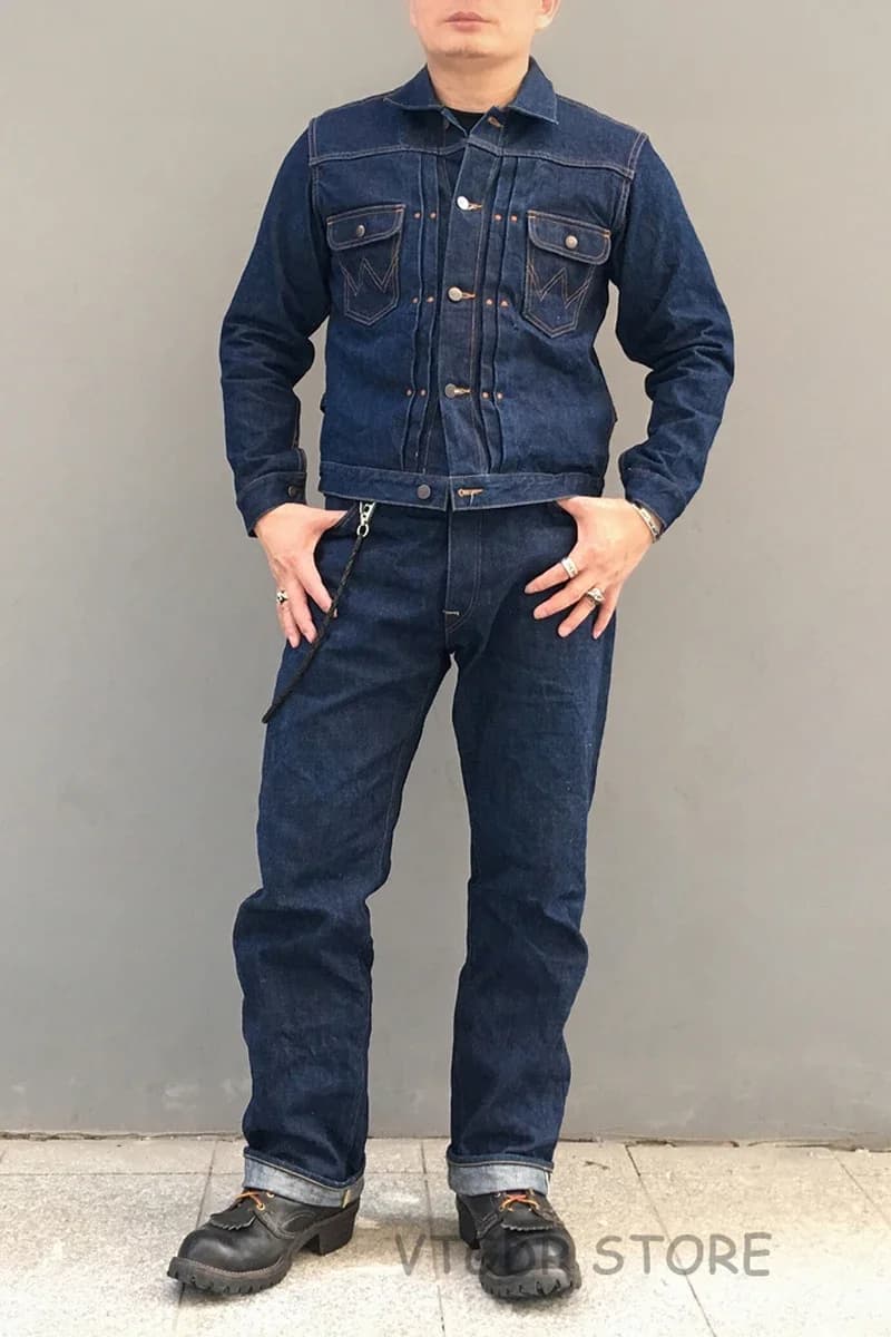 BOB DONG Repro 11MJ Giacca di jeans con cimosa occidentale plissettata anni '40 Cappotto di jeans Vintagr