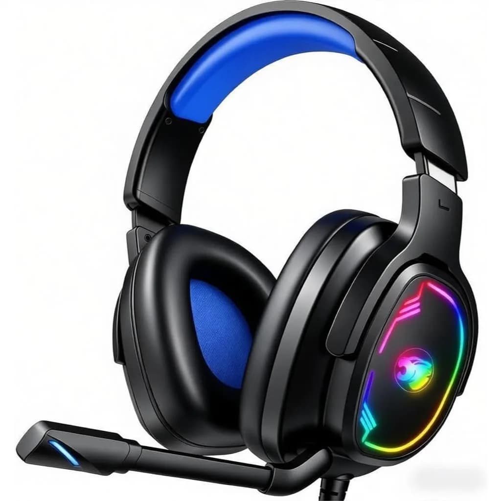 Cuffie da Gaming con Microfono, Audio Surround 7.1, Cancellazione del Rumore, Cuffie Over-Ear per PC, PS4, PS5, Xbox Series, Switch, con Luce RGB e Morbidi Cuscinetti in Memory Foam, Blu
