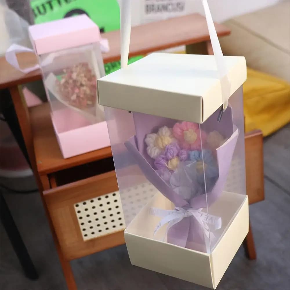 5 Pezzi Scatola Trasparente per Fiori, Borsa Portatile in Carta, Confezione per Bouquet, Materiale da Imballaggio per Matrimoni e Feste