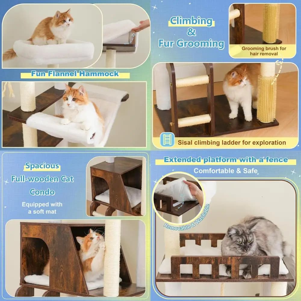 Grande Albero per Gatti da 69,7 Pollici con Piattaforme Multiple, Amache, Cuccia, Tiragraffi, Scala, Spazzola, Superficie Impermeabile, Stile Rustico