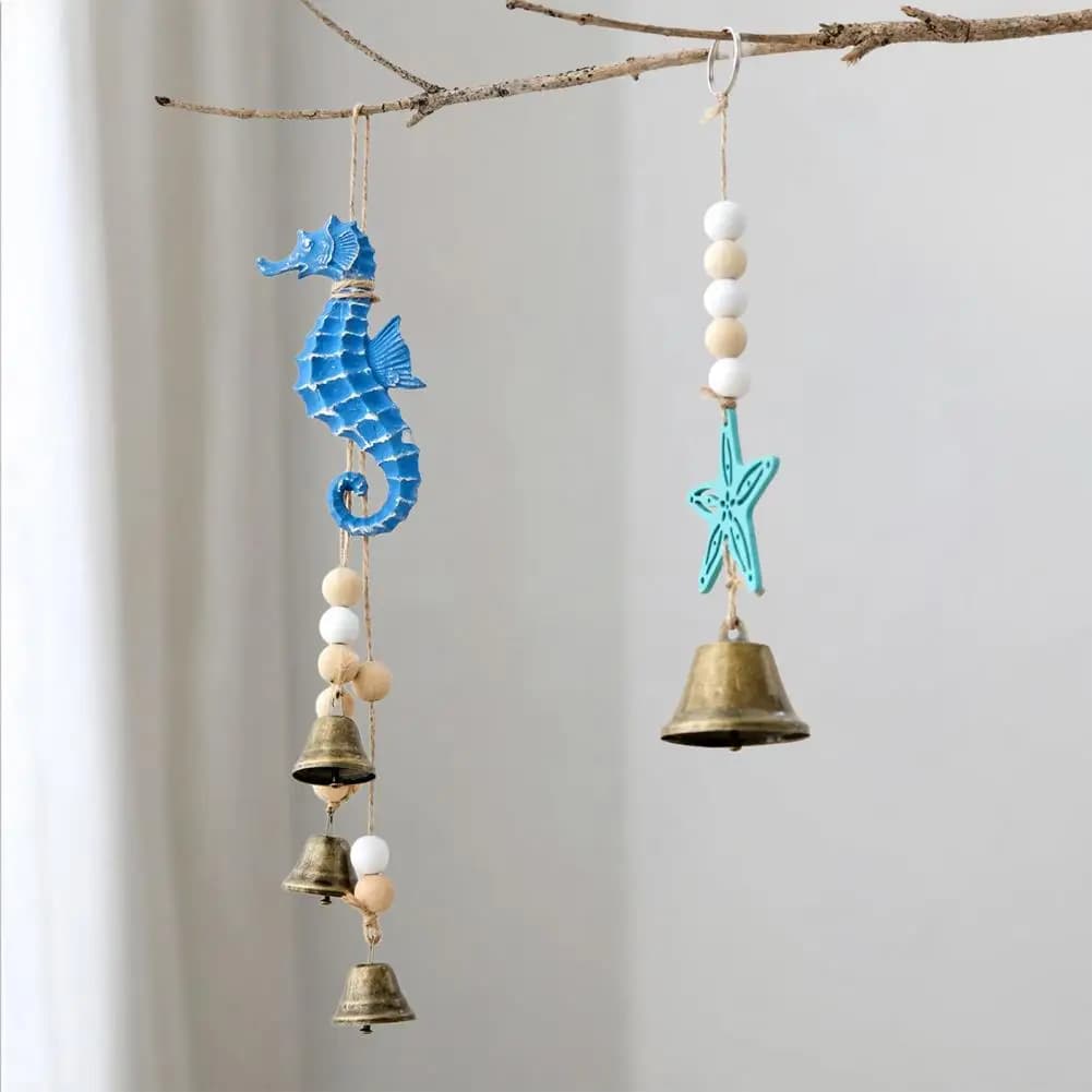 Handmade Wind Chime Beach Ocean Themed Bell Ornaments Summer Wooden Seahorse Wind Chime Nautical Coastal Starfish for Bedroom