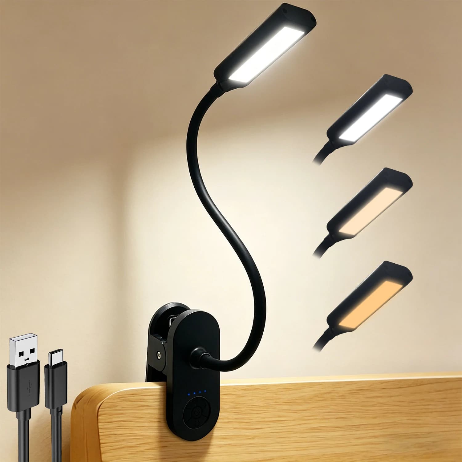 Lampada da Scrivania a Clip Ricaricabile USB 3500mAh, Luce da Lettura Dimmerabile per Interni, Lampada da Lettura a Clip per Camera da Letto, Luci LED