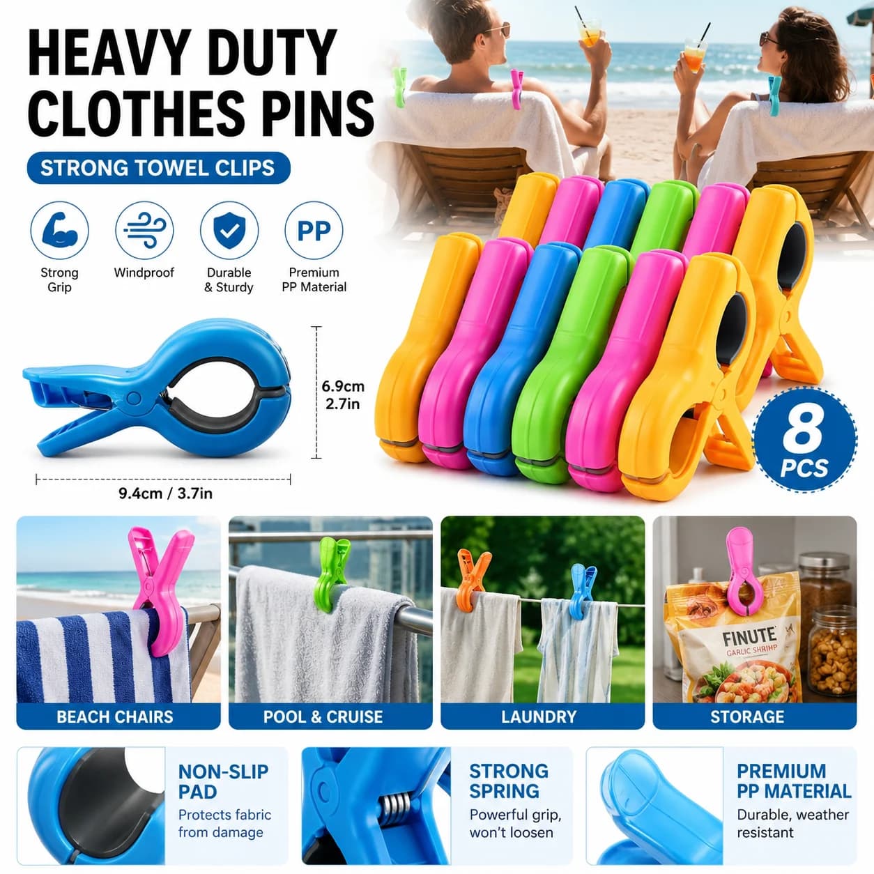 Mollette per Vestiti Resistenti 4/8 Pezzi, Clip Robuste per Asciugamani da Spiaggia, Piscina, Crociere, Viaggi, Essenziali per il Lavanderia e lo Stoccaggio