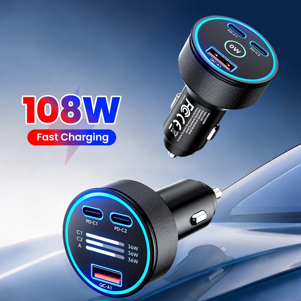 108w Car Charger PD36W+PD36W+QC36W PD36W+PD36W+QC36W 3simultaneous Fast Charging Channels Car Digital Display Cellphones Adapter