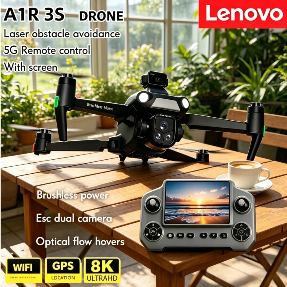 Drone Lenovo A1R 3S 8K GPS Professionale con Fotocamera, FPV Aereo, Motore Brushless, Laser Anti-Ostacolo e Telecomando con Ampio Schermo Pieghevole