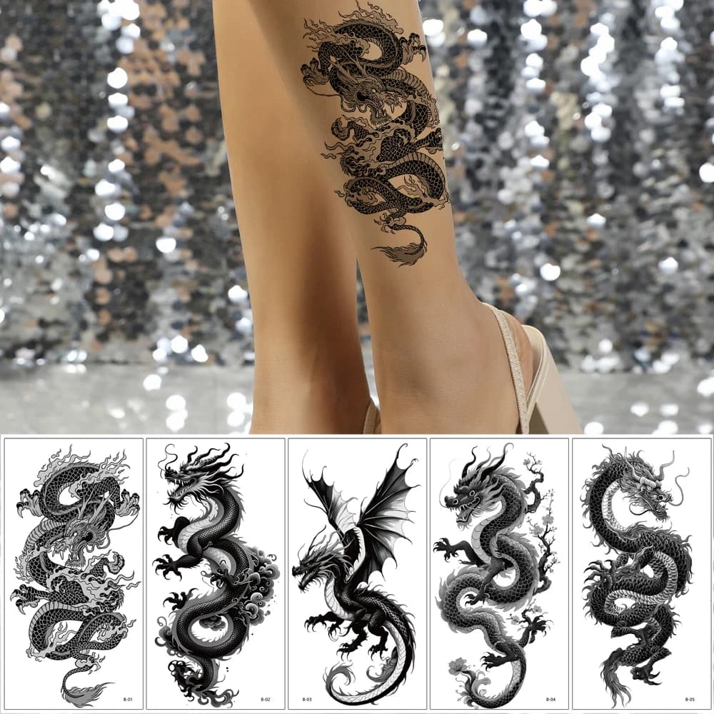 5 pezzi adesivi per tatuaggi modello drago impermeabili adesivi per tatuaggi temporanei da uomo tatuaggi finti per donne mano braccio petto body art