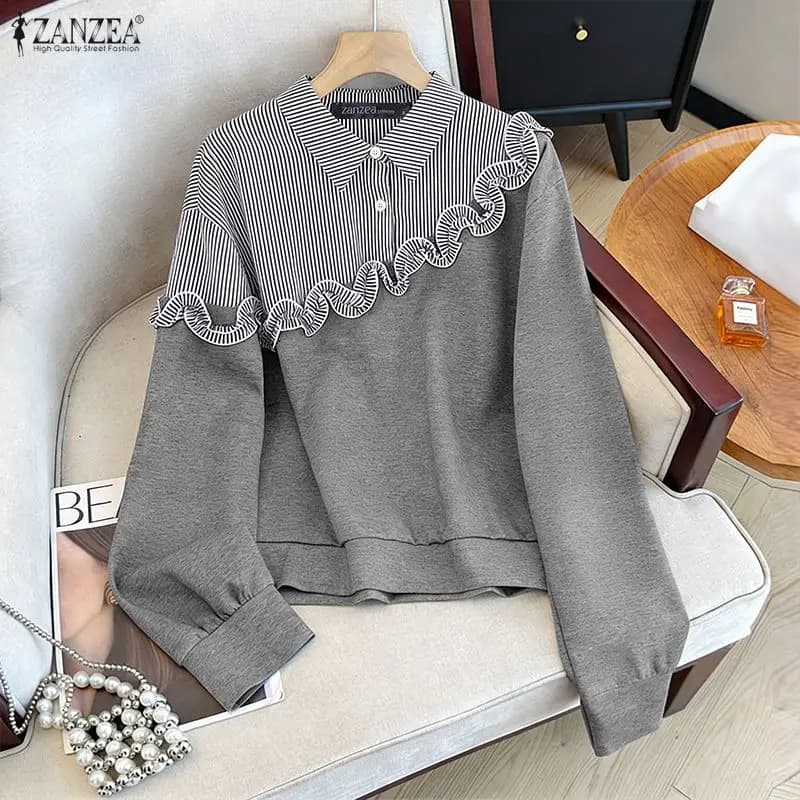 2026 Spring Striped Patchwork Blouse ZANZEA Women Casual Long Sleeve Tops Lapel Neck Work Shirt Stylish Flounce Work Pullovers