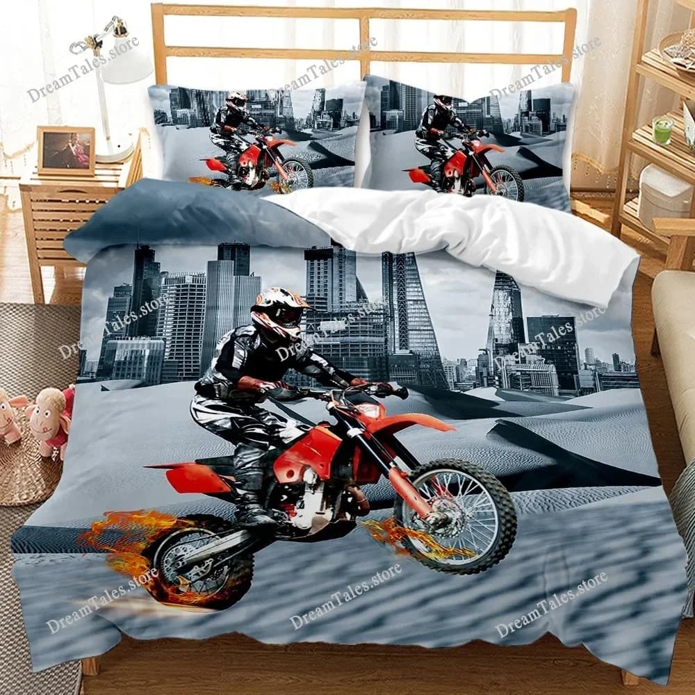 Set di Biancheria da Letto Stile Moto da Cross, Copripiumino per Ragazzi, Set Copripiumino per Bambini, Stile Sport Estremi 741