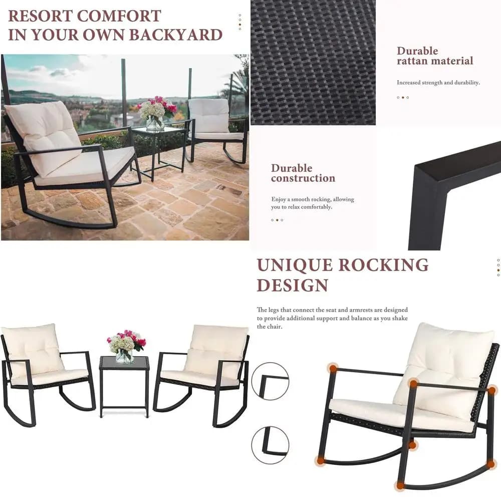 Set of 3 outdoor rocking chairs in wicker with cushions and glass table, beige