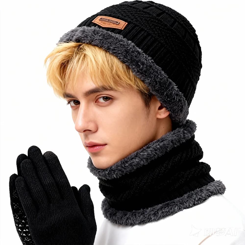 3-piece windproof hat scarf and gloves 3-piece protection hood for warm and cold-resistant winter ears for men Outdoor cycling hats Knitted hat