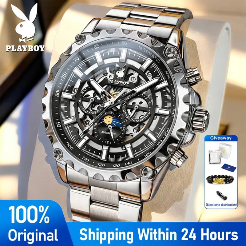 PLAYBOY 3551 Automatic Mechanical Watch Men Skeleton Moon Phase Week Date Stainless Steel Waterproof Luxury Wristwatch