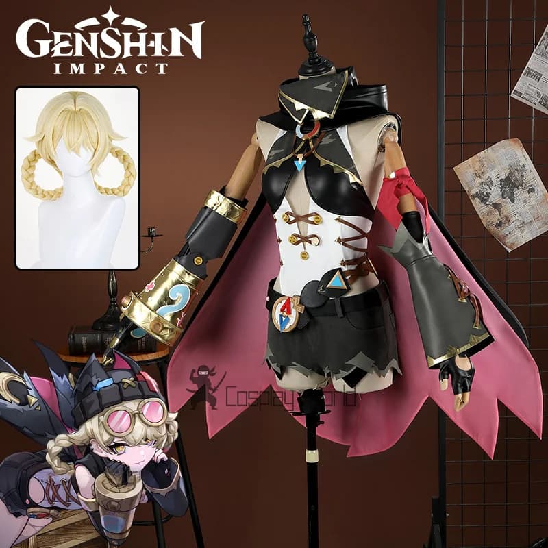 Genshin Impact Jahoda Cosplay Costume Wig Dress Mantle Copricapi Hat Eyewear Chestnuts Full Set for Women Girls Nod-Krai Party