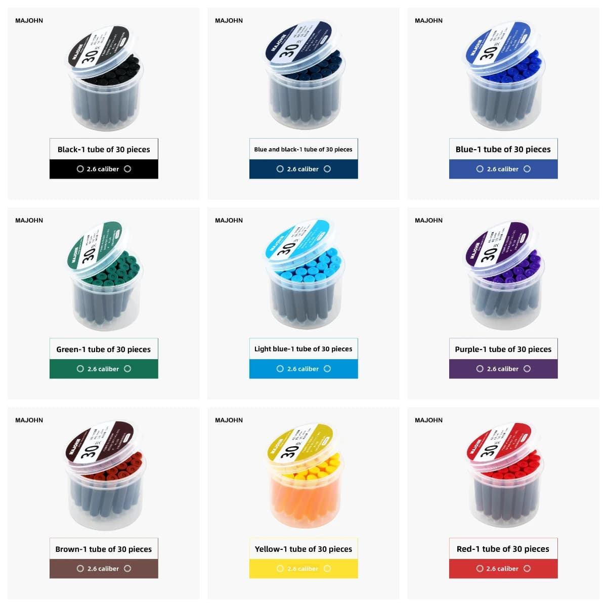 30/6 PCS Majohn 9 Colors 2.6/3.4mm Ink Cartridge 37mm Fountain Pen Ink for Hongdian JINHAO Office School Supplies Stationery