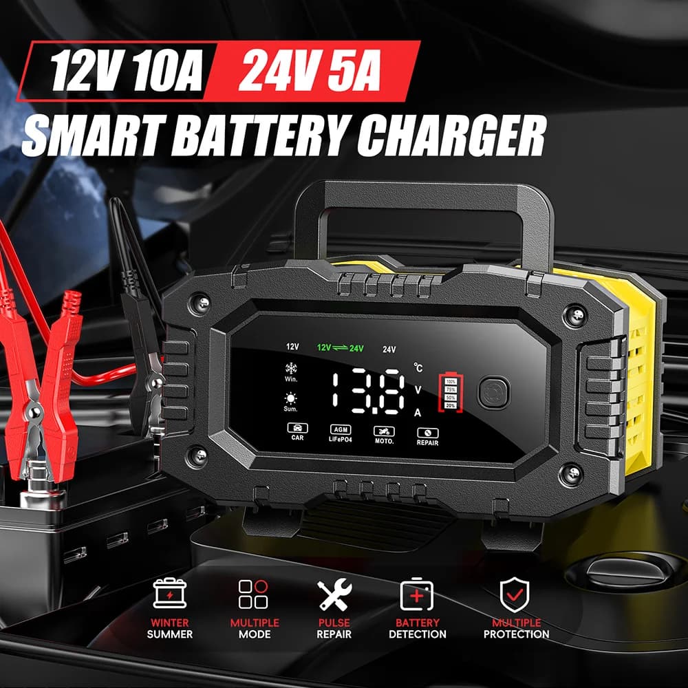 Caricabatteria portatile per auto FOXSUR 12V 24V per batterie al piombo Lifepo4 AGM di camion moto con riparazione automatica a impulsi