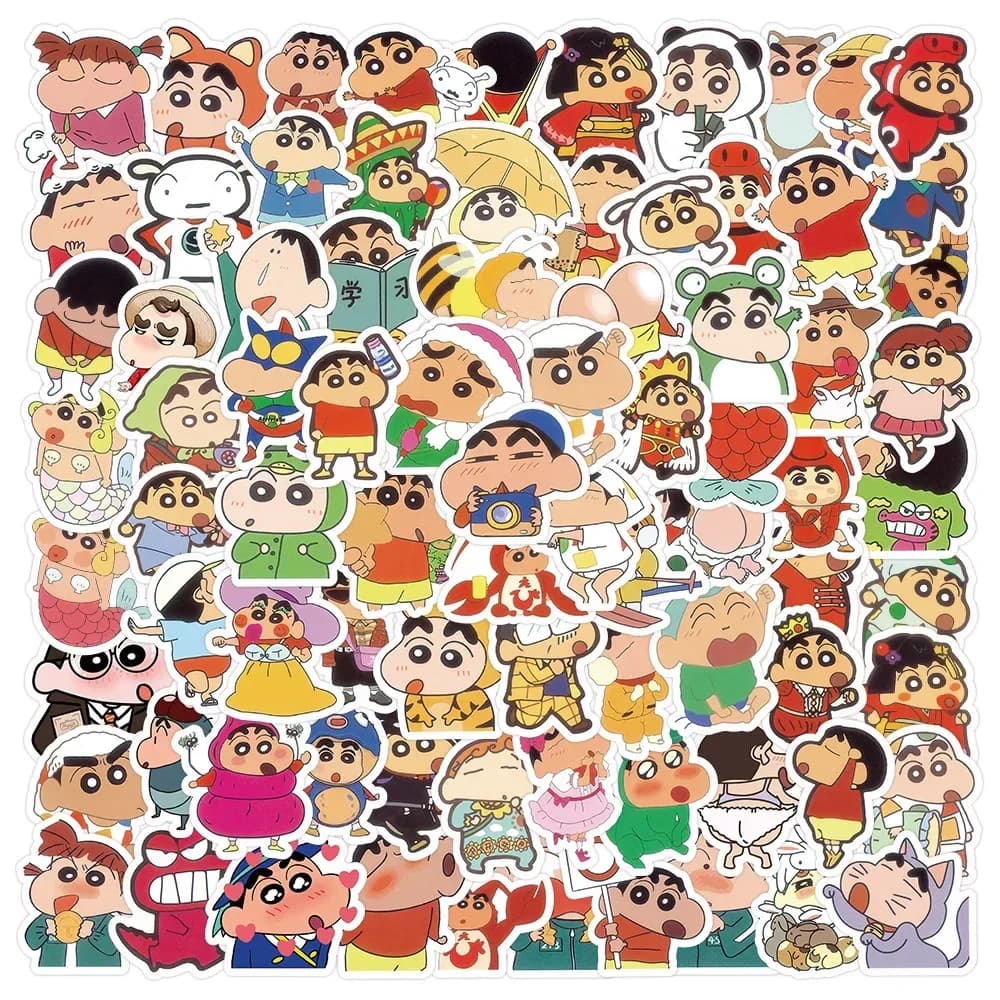 Bandai 100Pcs/set Cartoon Anime Crayon Shin-chan Kawaii Figure Waterproof Graffiti Trunk Laptop Cup Skateboard DIY Sticker Gifts