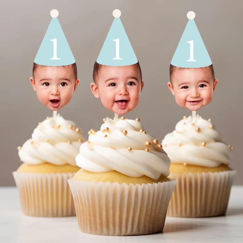 Topper per cupcake con faccia personalizzata personalizzata 12 pezzi Topper per foto Divertente cappello da festa Topper per cupcake per decorazioni di compleanno Bomboniere
