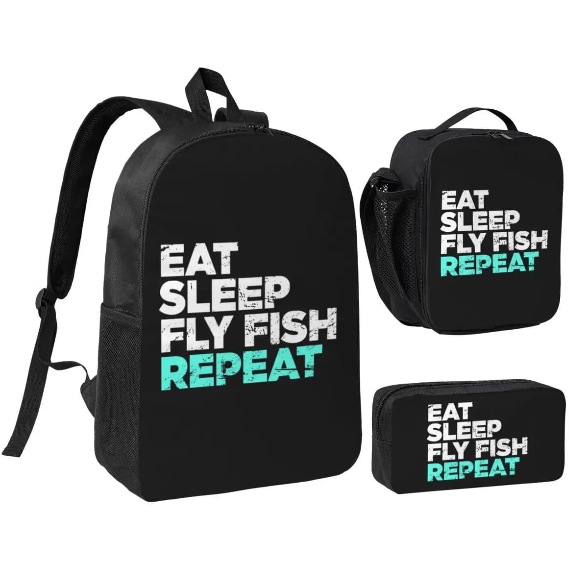 Zaino Grafico per la Pesca a Mosca Eat Sleep Fly Fish, Borsa per Studenti, Borsa a Tracolla, Set 3 Pezzi con Borsa Termica per il Pranzo e Astuccio