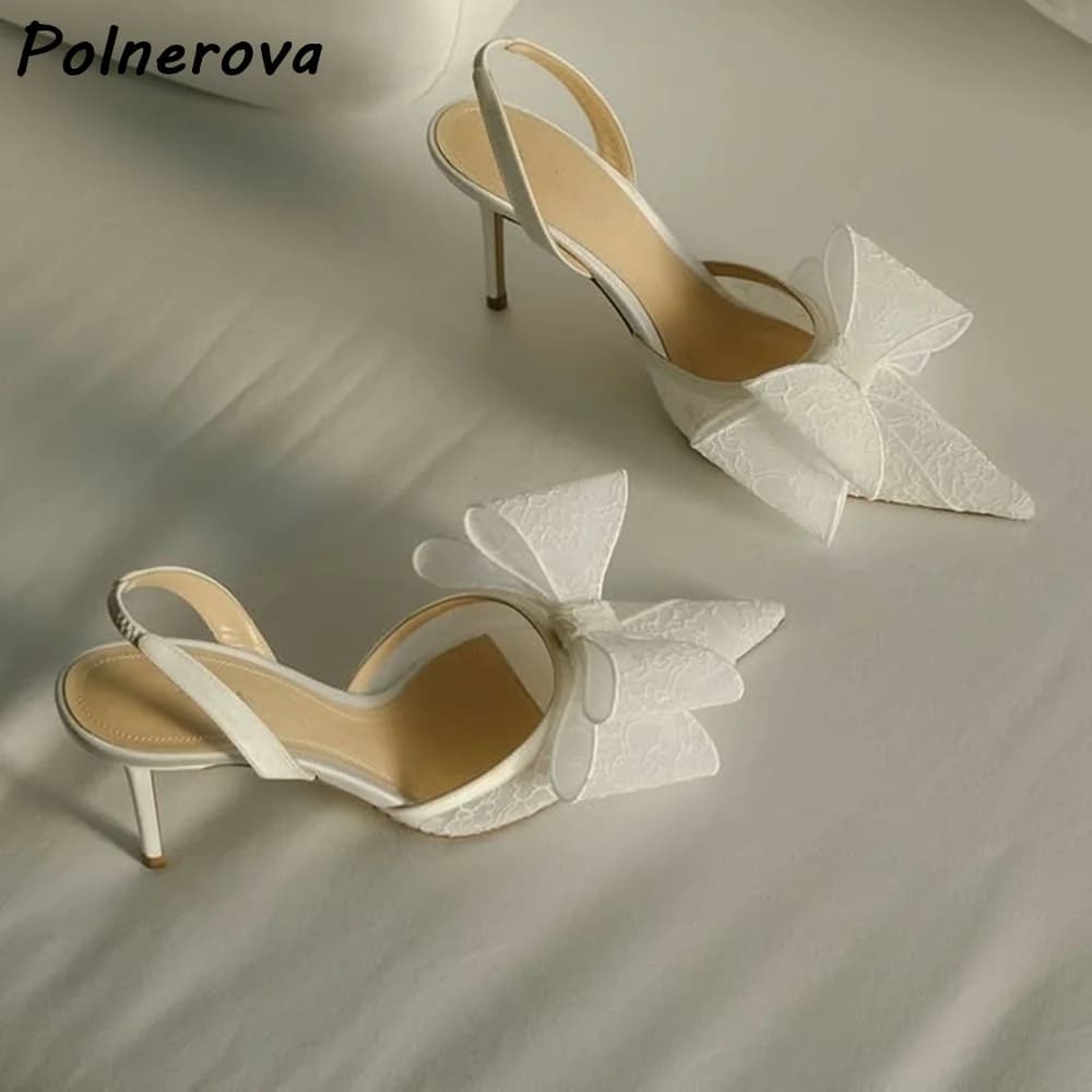 Sandali Slingback con Fiocco in Pizzo da Donna, Tacco a Spillo a Punta, Bianchi Tinta Unita, Eleganti Scarpe da Sposa, da Cerimonia, da Sera e da Festa