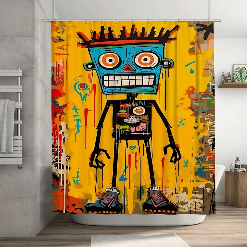 Tenda da doccia con arte robotica astratta - Design creativo moderno blu rosso giallo - Decorazione per il bagno, tenda artistica contemporanea per la casa