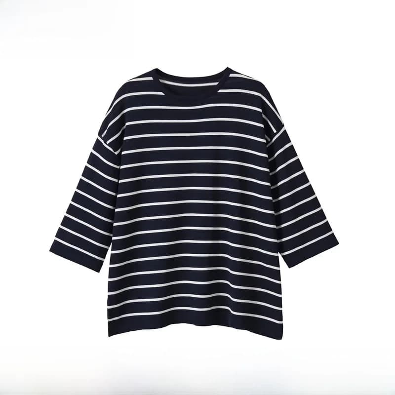 Early Autumn New Women's Fashion round Neck Thin Needle Stripe Knitted Top Polyester Short Sleeve Loose Fit Regular Length