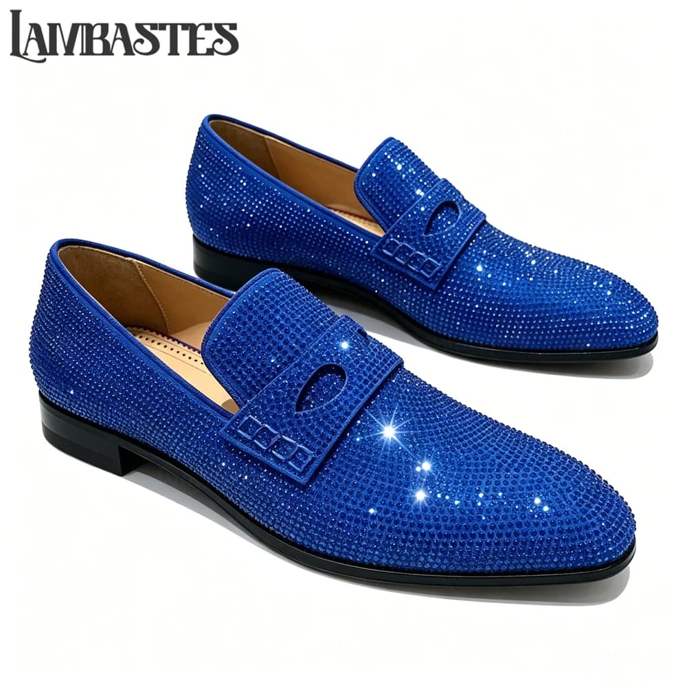 Mocassini da Uomo Completamente Decorati con Cristalli, Scarpe Formali con Cinturino Decorativo e Strass Scintillanti, Scarpe Slip-on con Strass