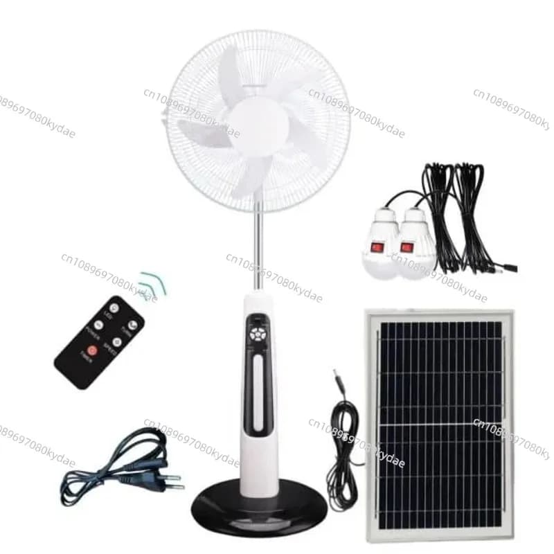 Ventilatore Solare Ricaricabile a 5 Pale da 16/18 Pollici con Pannello e Batteria, Ricarica AC/DC 12V