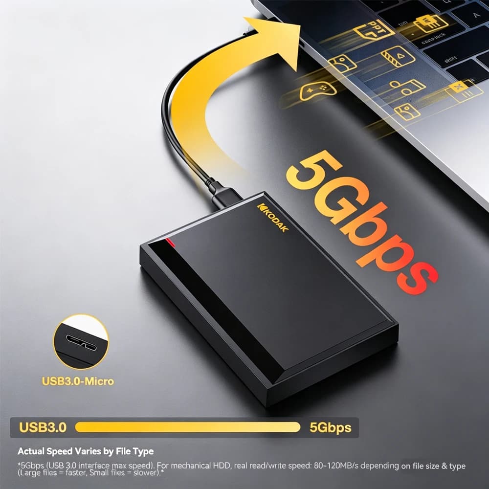 Disco Rigido Esterno Portatile Kodak P190 5Gbps USB3.0, Disco Rigido Esterno da 500GB 1TB, Archiviazione ad Alta Capacità per PS4/Xbox/PC