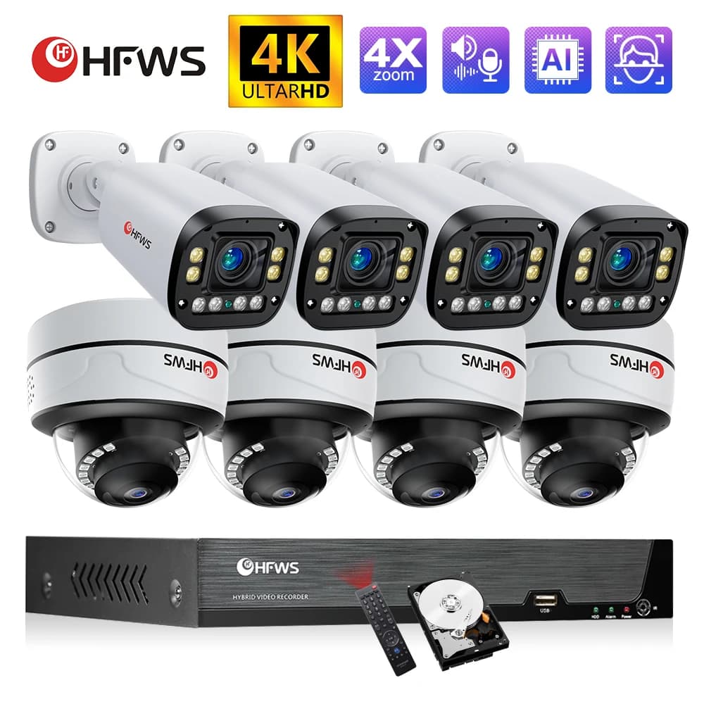 Kit di telecamere di videosorveglianza con messa a fuoco automatica con zoom 4K 8MP 4x Sistema di telecamere di sicurezza Nvr 8CH Set audio bidirezionale esterno