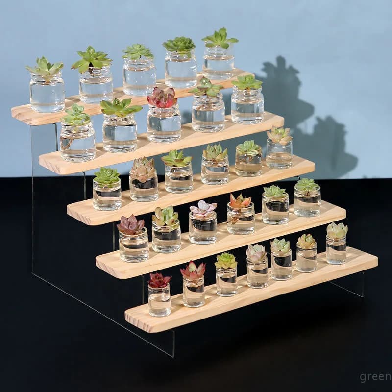 Acrylic Wood Ladder Display Stand Tiered Riser Shelf for Succulent Plant Flower Pot Action Figure Blind Box Perfume Organizer