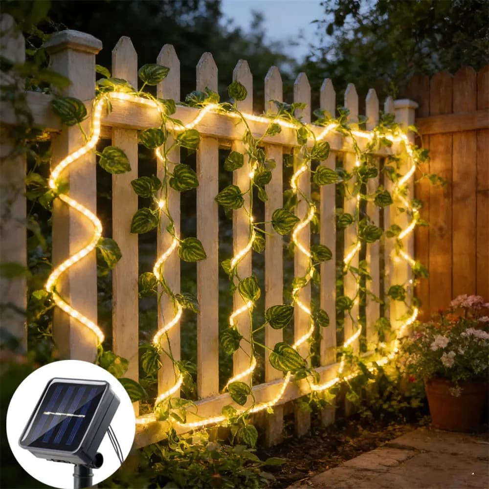 Luci Solari a Forma di Foglie di Rattan Verde, Ghirlanda da Esterno 10M/5M/2M, Lampada Solare per Decorazioni Natalizie, Giardino, Matrimoni e Feste