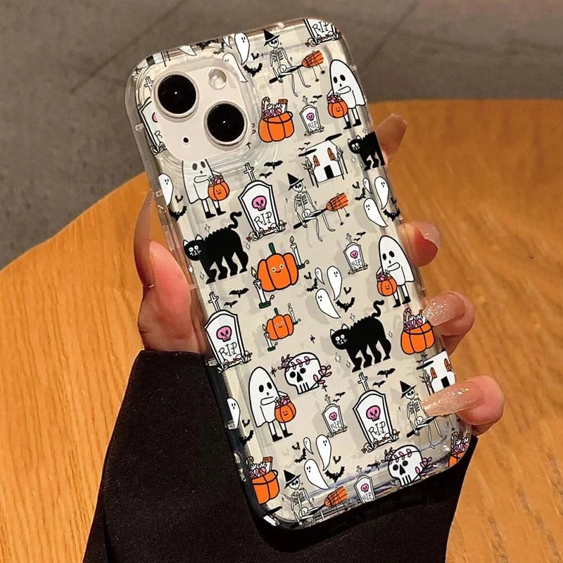 Cute Halloween Pumpkin Ghost Pattern Phone Case For iPhone 16 15 14 11 13 12 Pro Max Mini 7 8 Plus X XR XS Anti-Fall Clear Cover