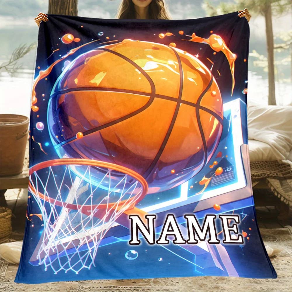 Coperta in morbida flanella personalizzata a tema basket Nome personalizzato _ Testo, leggera e calda