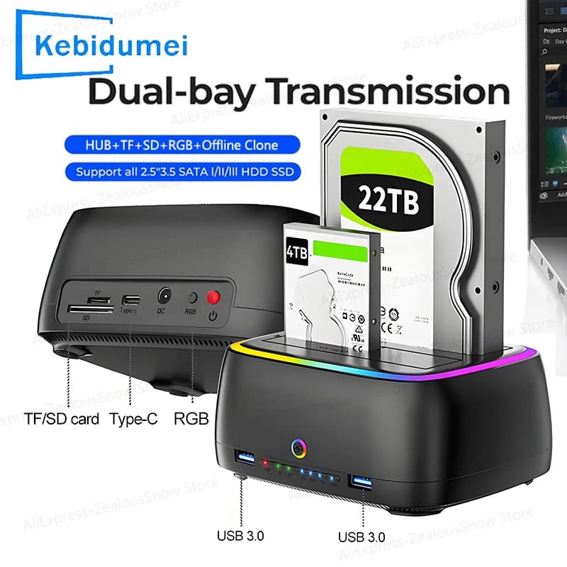 KEBIDUMEI Docking Station per Hard Disk da 2.5/3.5 Pollici, Adattatore SATA a USB3.0, Clonazione Offline con Un Clic
