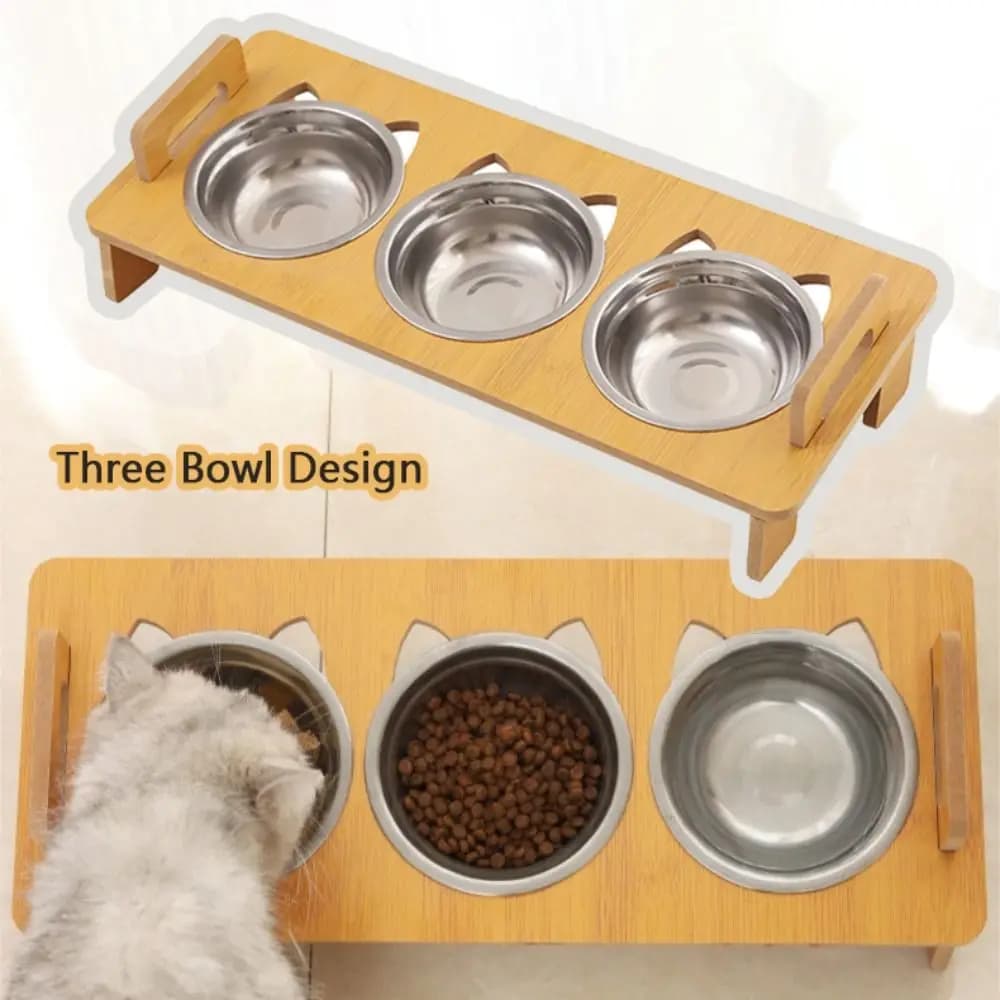 Cute Lifting Height Pet Food Bowl Stainless Steel Durable Cat Food Plate Three Bowls Design Pet Feeding Bowl Cat Feeding