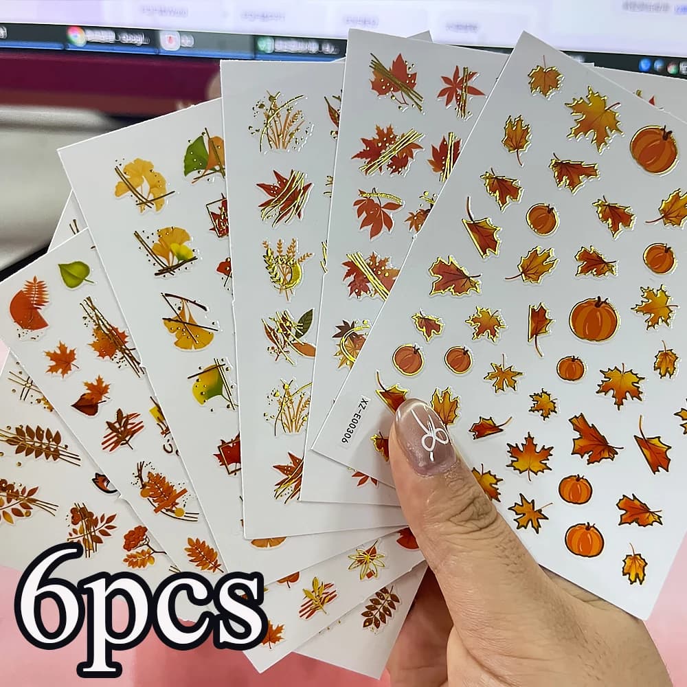 6 fogli 3D Maple Leaf Autunno Adesivi per unghie Set Autoadesivi Fall Leaf Ginkgo Biloba Zucca Nail Art Decalcomanie Y2K Foil Stickers