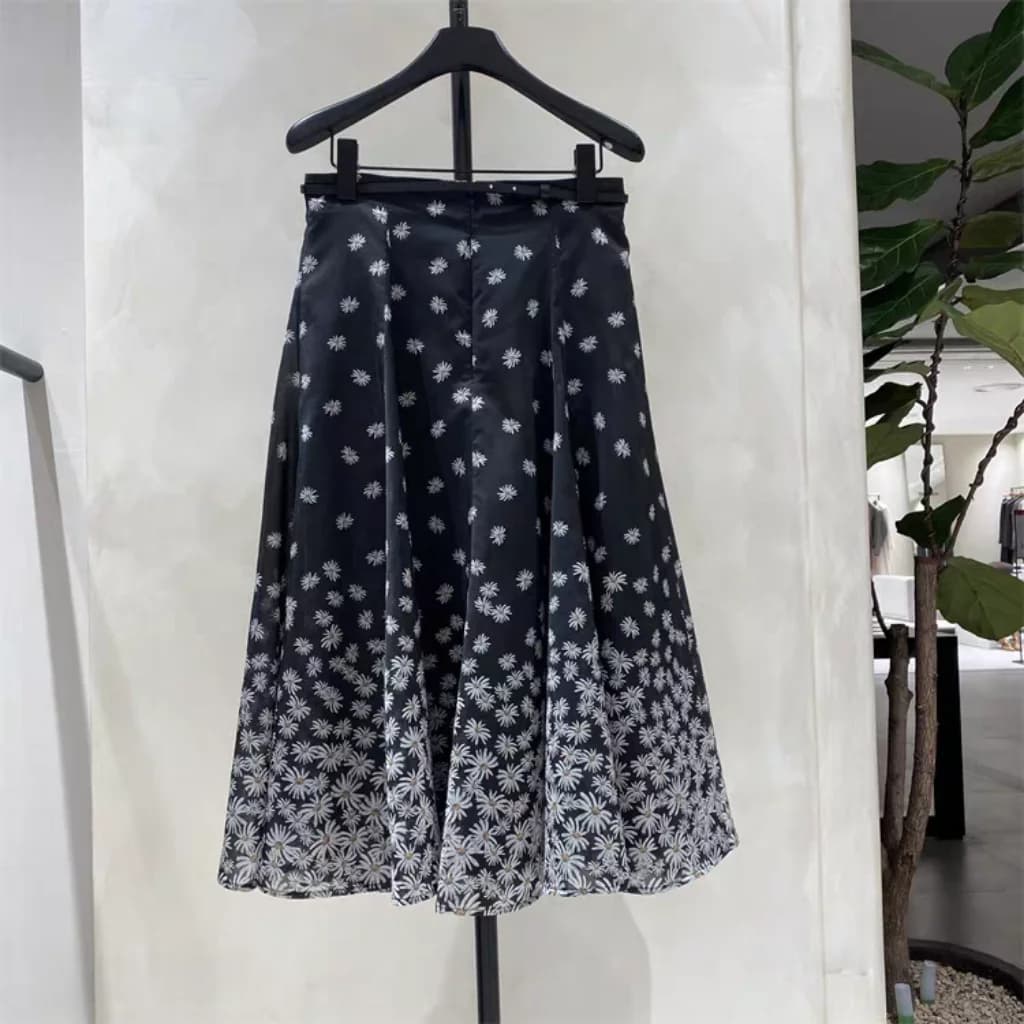 Elegant High Waist A-Line Skirt Daisy Print Umbrella Skirt Women's Spring Summer Fashion Korean Style plus Size Skirt