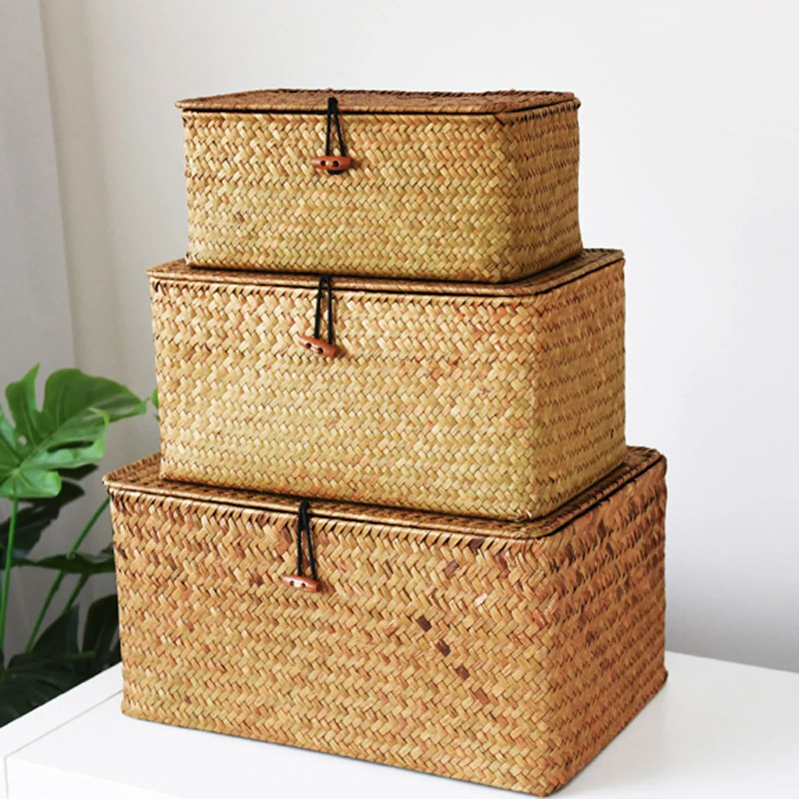 Cesto portaoggetti in vimini Cesto portaoggetti in rattan intrecciato con coperchio Scatola portaoggetti per tessitura in paglia Scatola portaoggetti solida alla moda