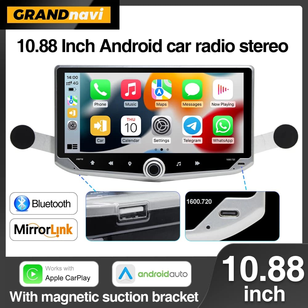 Autoradio 2DIN Android 13 da 10,88 pollici, Stereo Multimediale 4G Wireless con CarPlay e Android Auto, Supporto per Telefono, Ricarica Type-C, WIFI, GPS