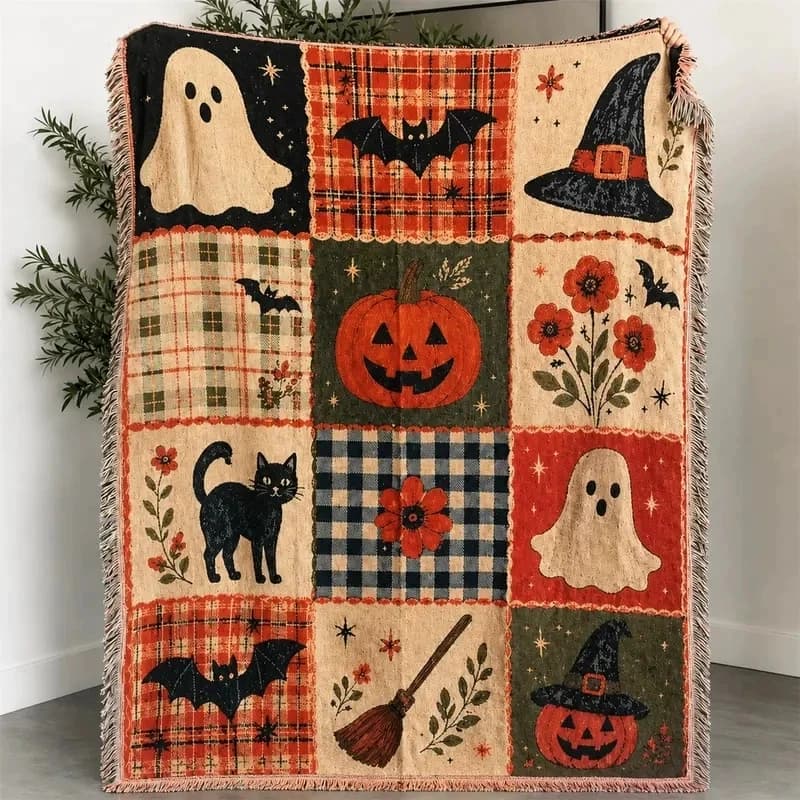 Halloween Blanket Woven Plaid Throw Blanket Cartoon Bohemia Tapestry with Tassel Decor Sofa Cover Beach Camping Bedspread