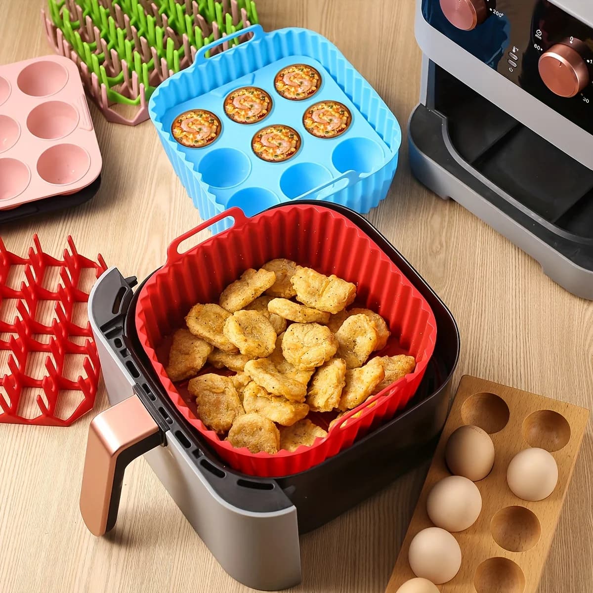 2pcs Silicone Air Fryer Liners & Muffin Pan Set Reusable Baking Trays Non-Stick Cupcake Molds for Airfryer Cooking Kitchen Tools