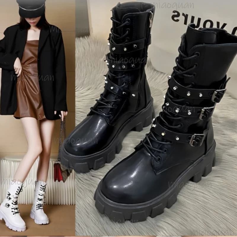 Stivali da moto con suola spessa di nuovo stile per donna Stivali da moto con fibbia per cintura punk autunnale da donna Plus Size Platform Knight Bota
