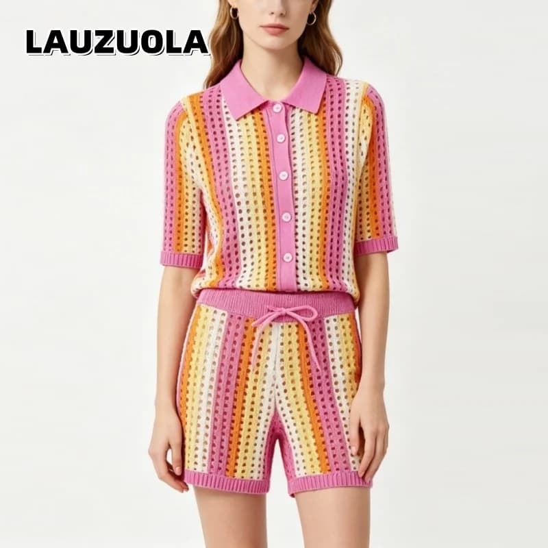 2026 Summer Women's Striped Knit Two Piece Set Hollow Out Short Sleeve Cardigan Shirt + Drawstring Shorts Casual Vacation Outfit