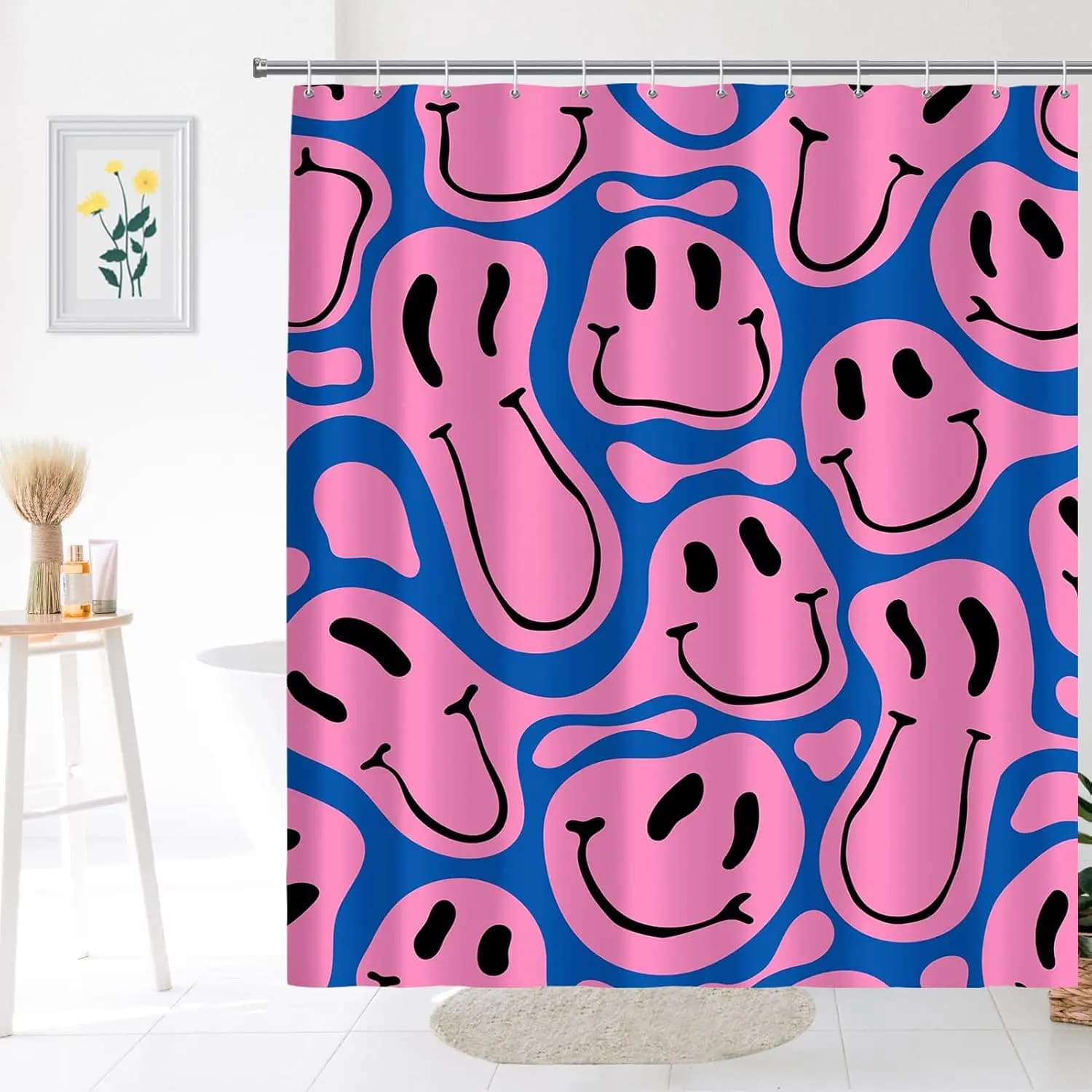 Cute Funny Emoji Face Print Shower Curtain Blue Pink Abstract Pattern Waterproof Bathroom Decor Curtain for Kids Home Accent