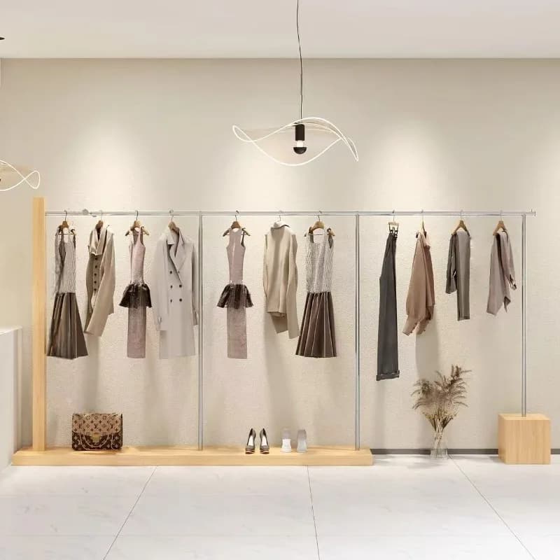 Wooden stainless steel floor display for women's clothing with bar clothes hangers and flat clothes